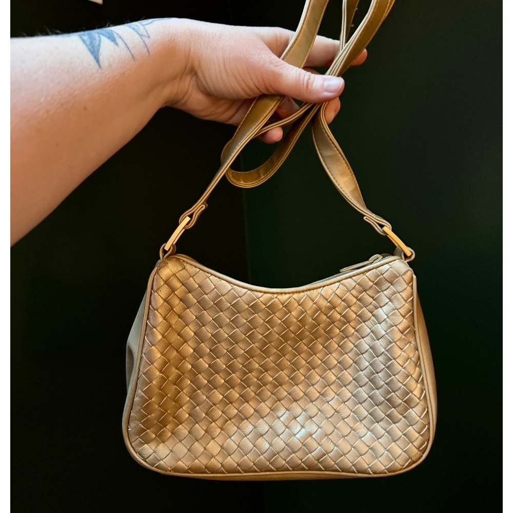 Y2K Laura Scott Faux Leather Metallic Gold Woven Textured Shoulder Bag